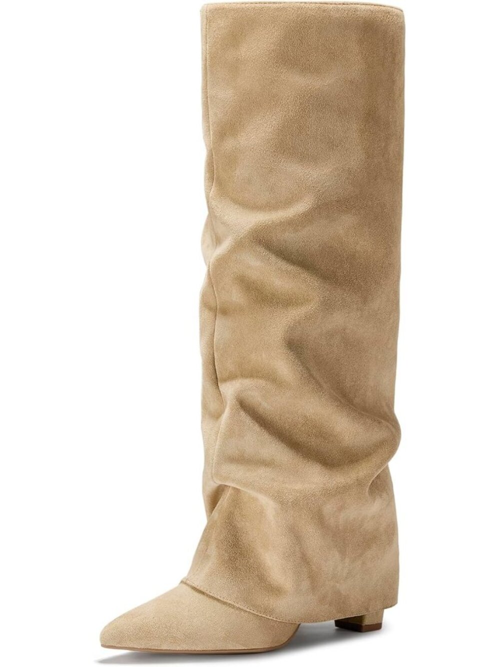 Women's Camel Suede Pull on Shark Slouchy Fold Over Tall Pointed Toe High Boots